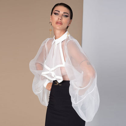 Women Clothing Sexy See Through Jumpsuit Puff Sleeve Women Shirt