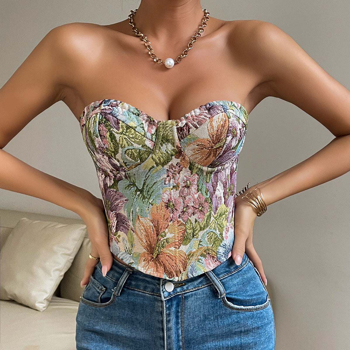 Top tubo ajustable con banda de cintura de estilo francés con nicho floral retro