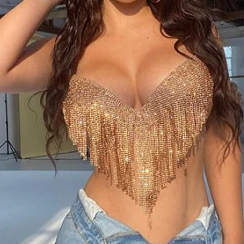 Women Clothing Metal Rhinestone Top Sexy Party Sexy Suit Rhinestone Nightclub Sexy Sling