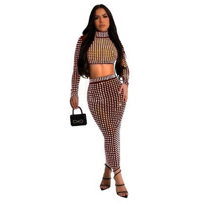 Women Wear Solid Color Rhinestone Mesh Skirt Two Piece Set