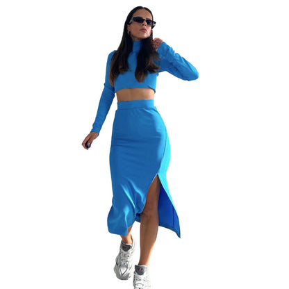 Spring Autumn Solid Color Round Neck Long Sleeve Women Two Piece Suit Split Skirt Set