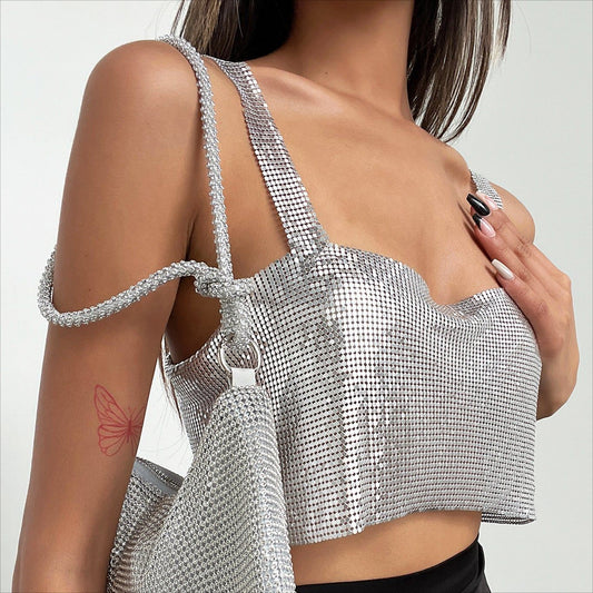 Women Clothing Metal Sequ Vest Sexy Party Nightclub Sweet Spicy Sequin Sling