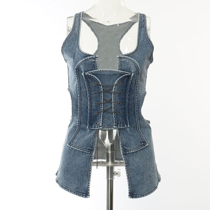 Primavera Verano Super Denim elástico lavado ahuecado recorte ver a través de chaleco de mezclilla Top pequeño para mujeres