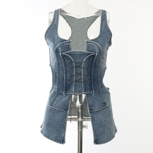 Frühling/Sommer, superelastischer, verwaschener Denim, mit Aussparungen, durchsichtige Jeansweste, kleines Oberteil für Damen