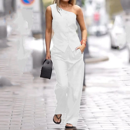 Women Suit Summer Casual One Shoulder Loose Trousers Two Piece Set