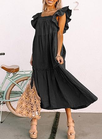 Women Clothing Flying Sleeve Square Collar Off Shoulder Pleated Hem Dress