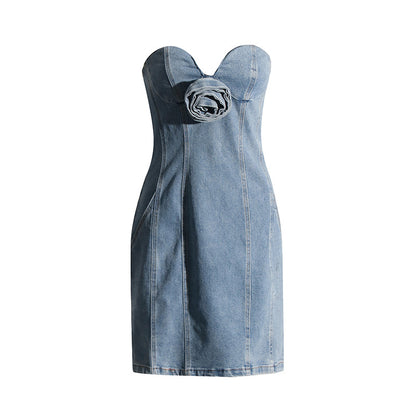 Verano Sexy Denim Tube Top Vestido Floral Vestido De Mezclilla Cintura Apretada Slim Sexy Cadera para Mujer