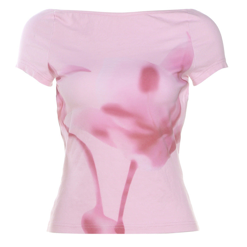 Primavera Verano Mujer Ropa Personalidad fuera del cuello Sin espalda Slim Fit Camiseta de manga corta Mujer