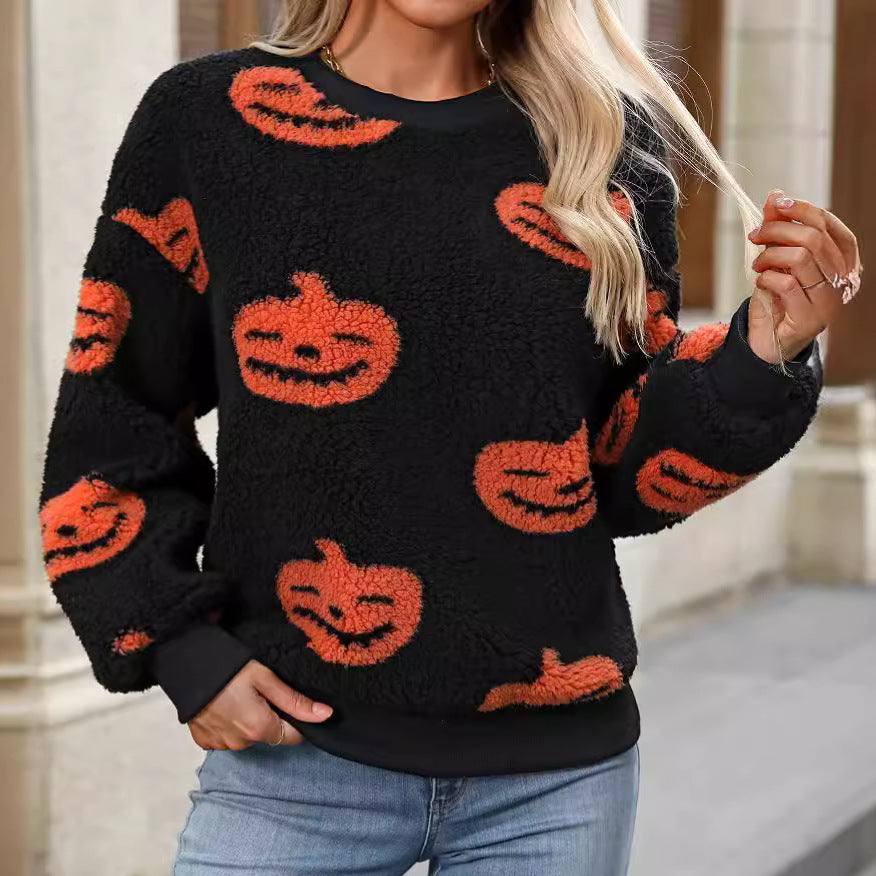 Frauen Herbst Winter Halloween Gedruckt Plüsch Lose Pullover Sweatershirt