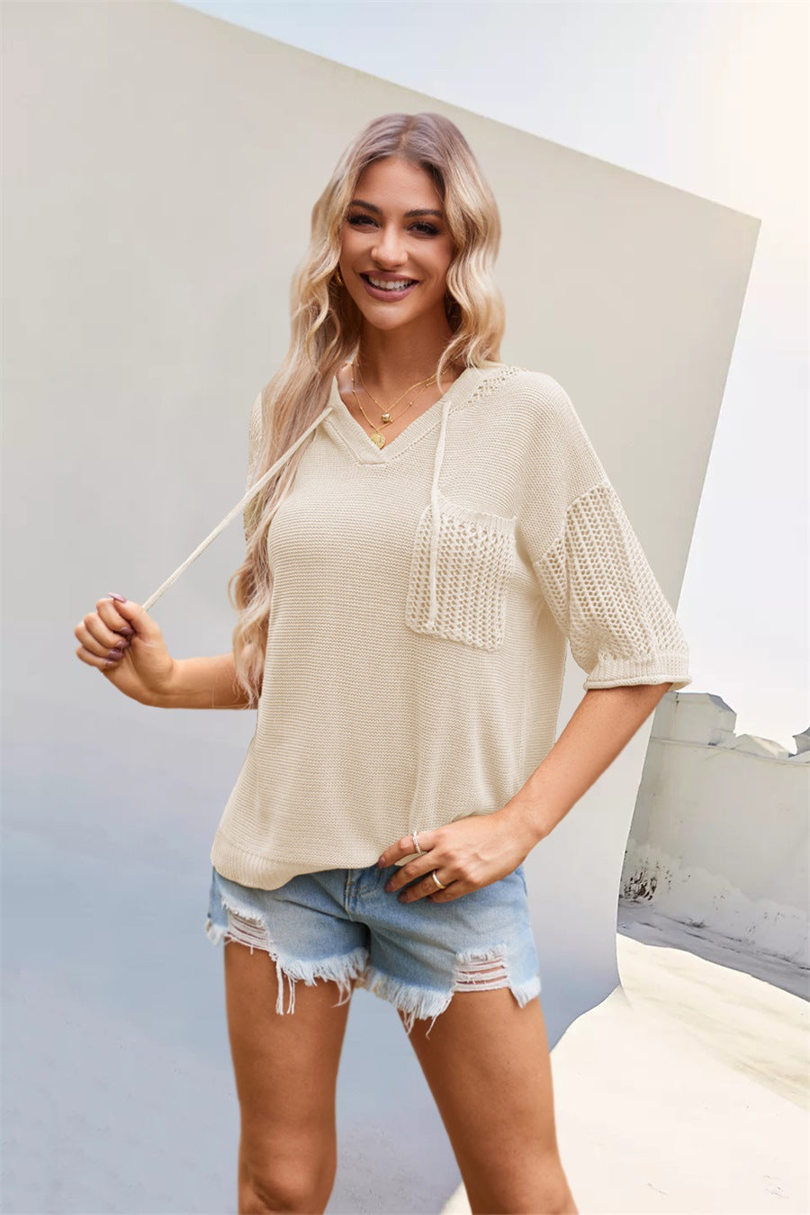 Summer V neck Hooded Sweater with Pockets Hollow Out Cutout Short Sleeved Top for Women