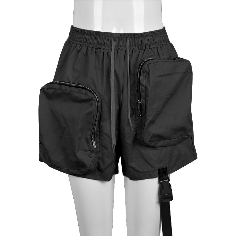 Women Clothing Summer Multi Zipper Bag Elastic Waist Casual Shorts