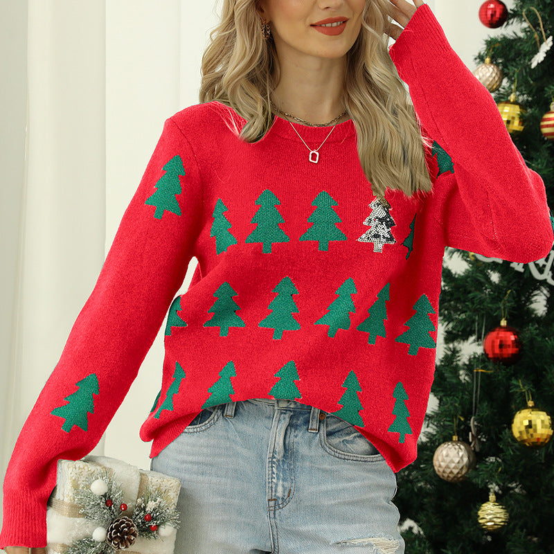 Ropa de mujer Otoño Invierno Jersey Jacquard árbol de Navidad suéter tejido manga larga suéter de Navidad rojo