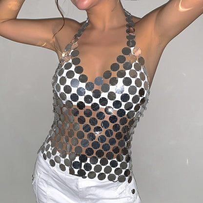 Discotecas Borla exagerada Textura de metal Lentejuelas Sling Top Sexy Ahuecado Recorte Casual Oblea Body Cha