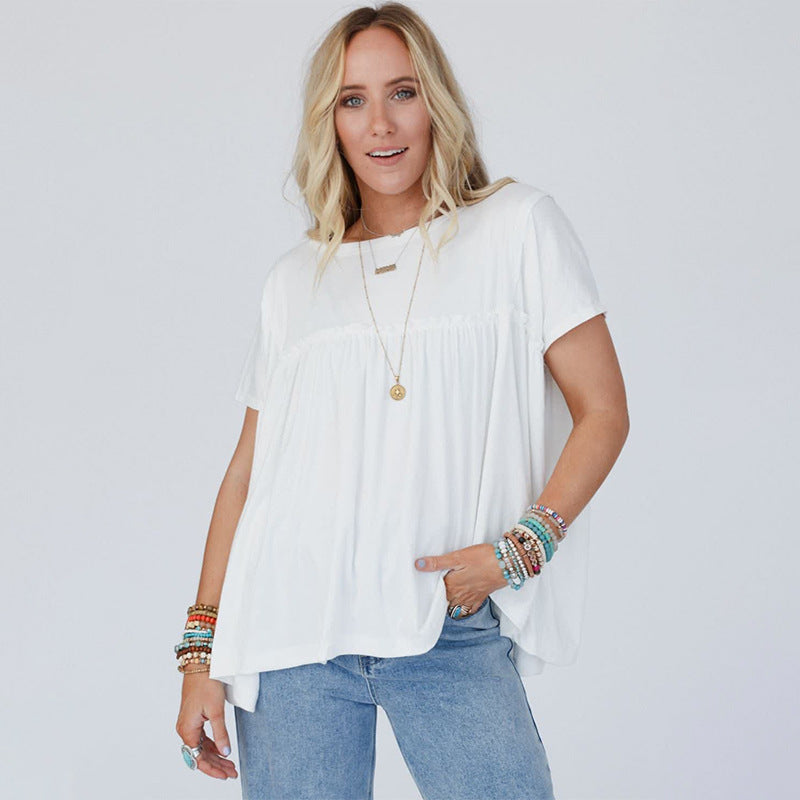 Solid Color Loose Short Sleeved Top Women Summer Ruffled Casual round Neck Simple T shirt Women