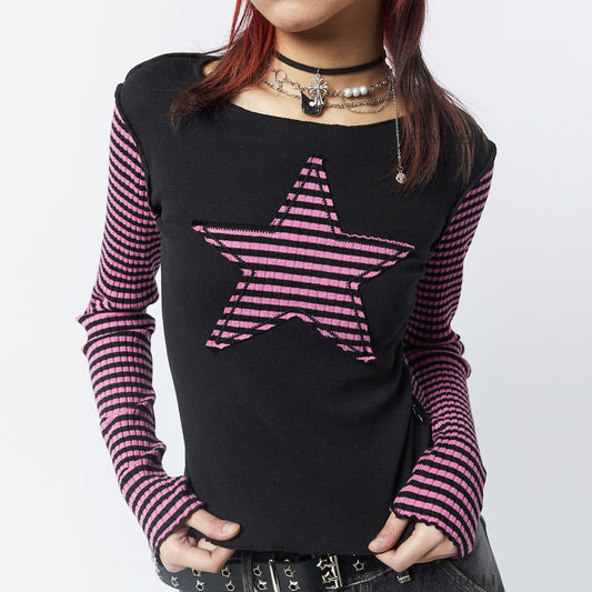 Camiseta de manga larga con costuras a rayas y estrellas bordadas para mujer, estilo informal, con estrellas de cinco puntas