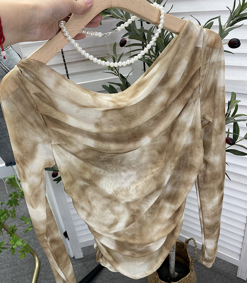 Batik-Plissee-Off-Shoulder-T-Shirt für Damen im Sommer, sexy, dünnes, schlankmachendes, unregelmäßiges, asymmetrisches Oberteil