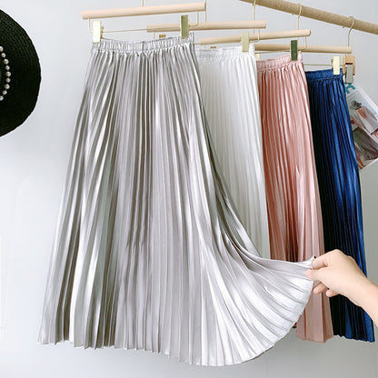 Metallic Coated Fabric High Waist Satin Pleated Skirt Spring Summer Women Retro Mid-Length Slimming A- line Skirt