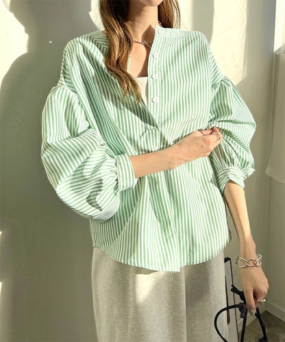 Women Shirt Summer Loose High Grade 7 Color Striped Lantern Sleeve Top Women