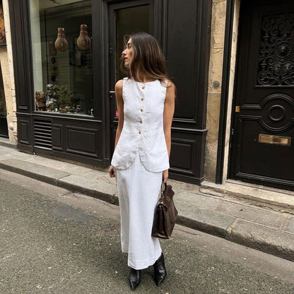 Chaleco sin mangas con cuello cuadrado blanco, falda de cintura alta, traje de alto sentido, ropa de mujer