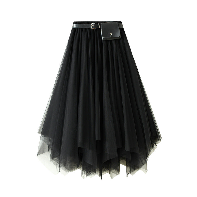 Irregular Asymmetric Skirt Spring Summer Mid-Length Black Large Swing Skirt Super Fairy Lace Gauzy Skirt