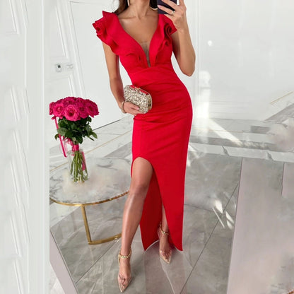 Women Clothing Summer V neck Sleeveless Waist Slit Dress Dress