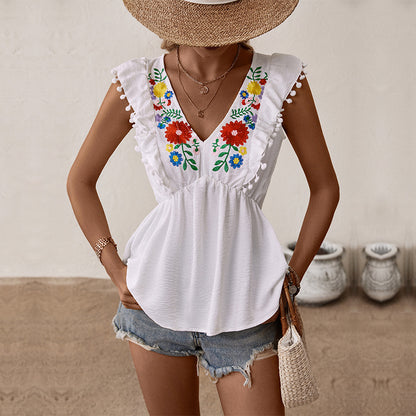 Camisa blanca sin mangas bordada de verano para mujer