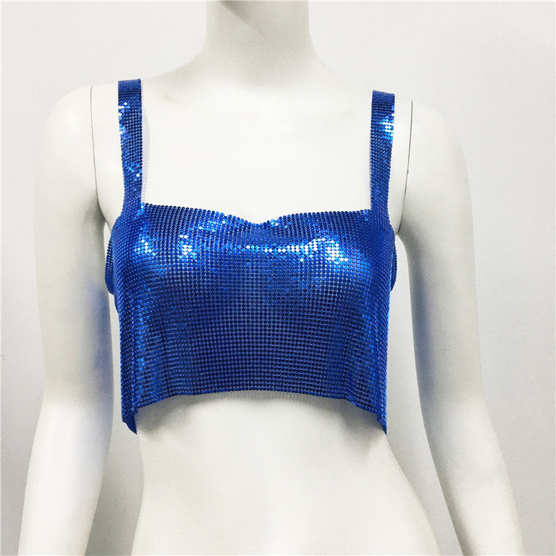 Ropa de mujer Chaleco de lentejuelas de metal Sexy Fiesta Discoteca Dulce Picante Lentejuelas Sling