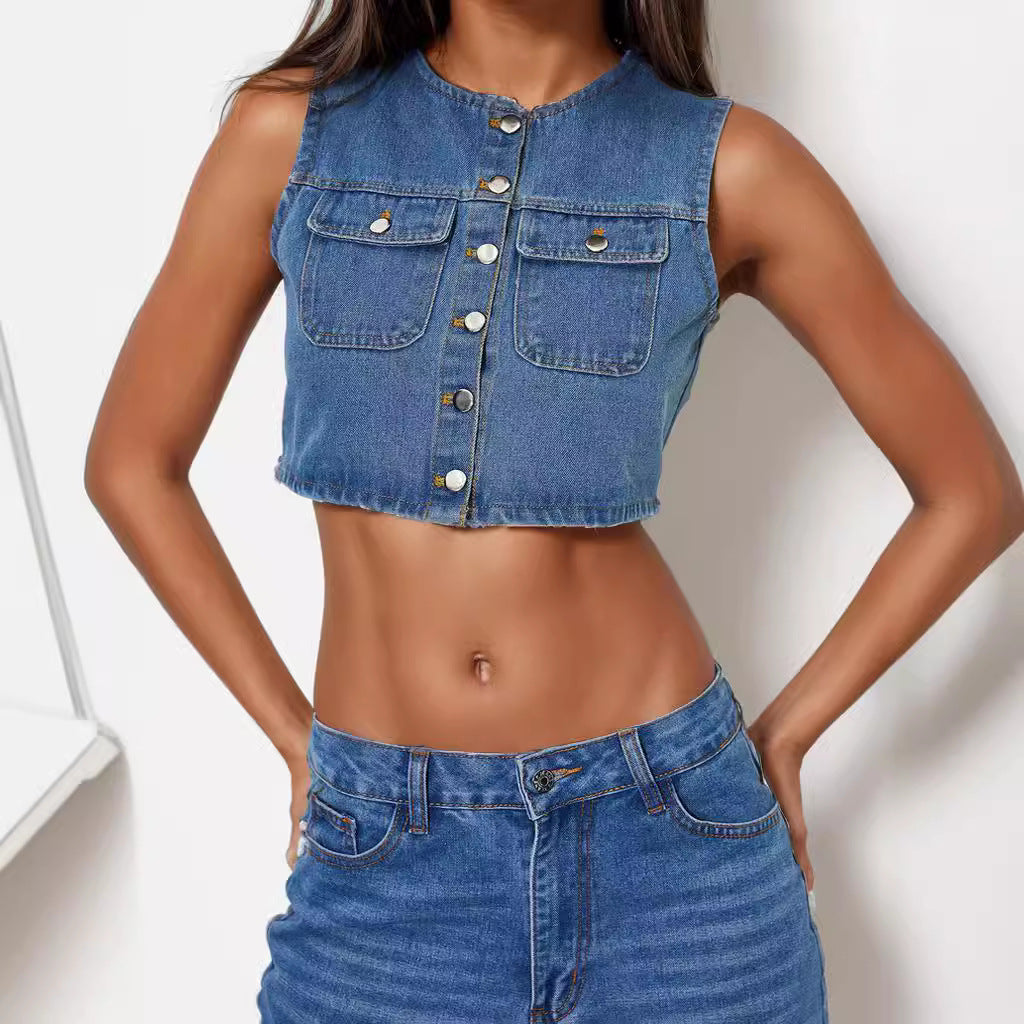 Spring All Match Round Neck Single Breasted Pocket Short Denim Waistcoat Vest Women