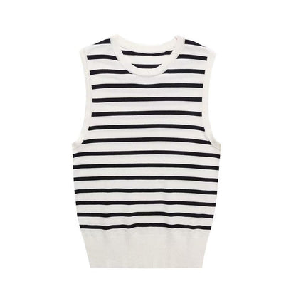 Women Clothing Summer Striped Basic Round Neck Sleeveless Knitted Top