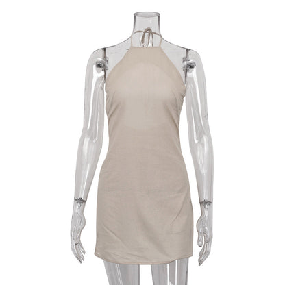 Damen Kleidung Sommer Baumwolle Leinen Kleid Rückenfrei Sexy Sexy Neckholder Schnürung A Linie Kleid