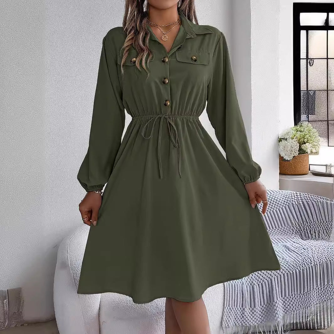 Real Shot Autumn Winter Casual Button Lace up Waist Controlled Long Sleeves Shirt Dress Women Clothing