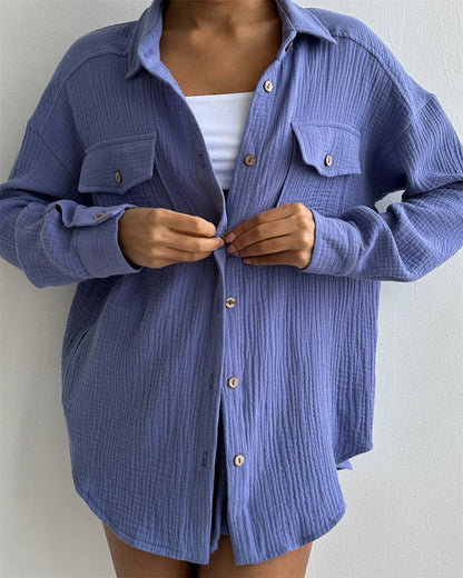 Ropa de mujer Camisa holgada con cuello de primavera Pantalones cortos de cintura alta Conjunto de dos piezas Conjunto informal