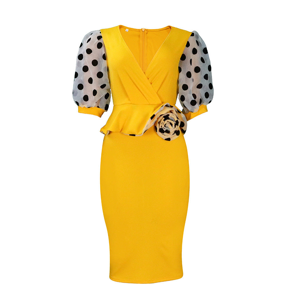 Women Summer Knitted Stitching Dotted Prints Puff Sleeve Pencil Dress 3D Decoration