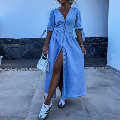 Women Clothing Sexy V Neck Long Button Denim Dress