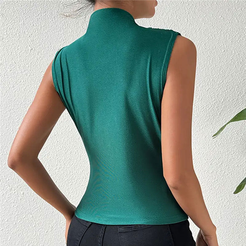 Camiseta sin mangas con cuello oscilante elástico de punto para mujer, camiseta ajustada de Color sólido, chaleco de primavera y verano para mujer