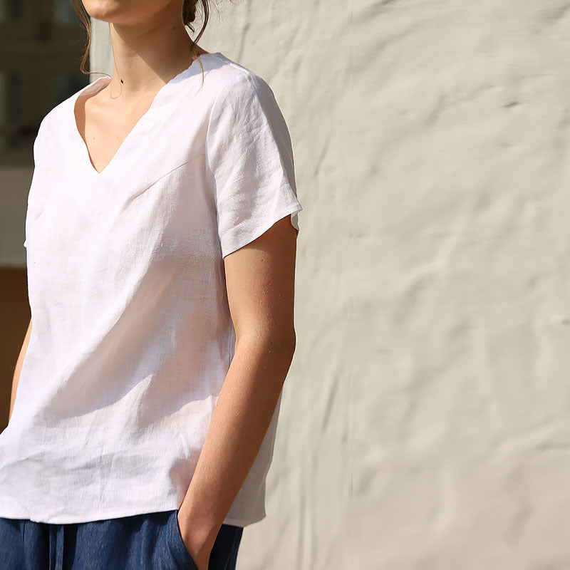 Pure Linen V neck Short Sleeve T shirt Top Spring Summer French Casual Cotton Linen Basic All Matching Slimming T shirt for Women