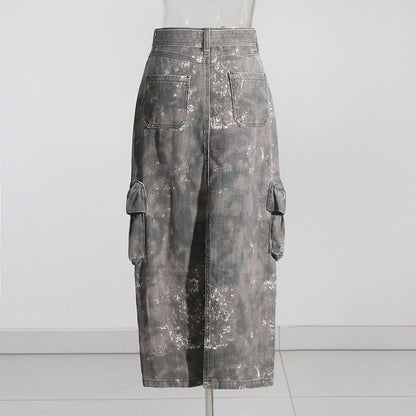 Fall Skirt Sexy Denim Skirt Camouflage Skirt Sheath A line Multi Pocket Skirt