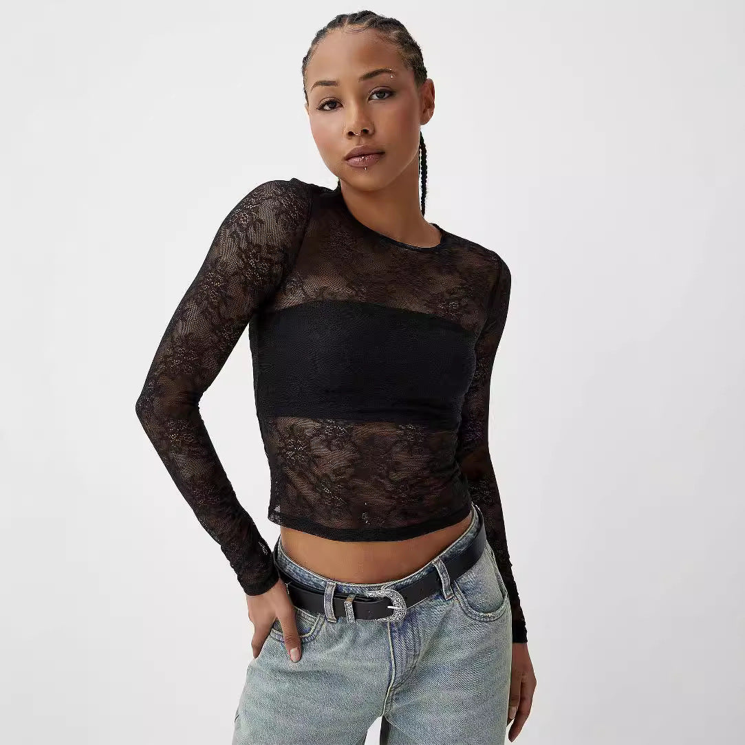 Ladies Bottoming Shirt See through Sexy round Neck Slim Solid Color Long Sleeve Lace Top