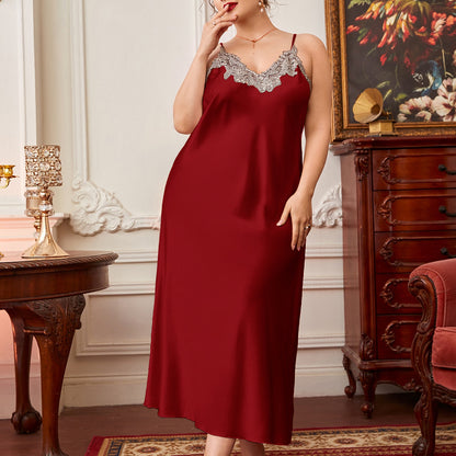 Plus Size Pajamas Suspender Skirt Spring Summer Thin Lace Nightgown Long Artificial Silk Casual Homewear