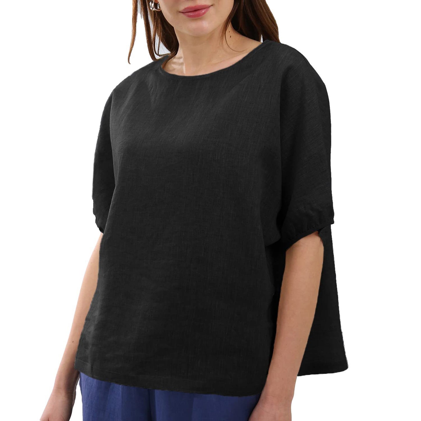 Summer Linen T shirt Women Special Interest Artistic Lantern Sleeve round Neck Cotton Linen Top