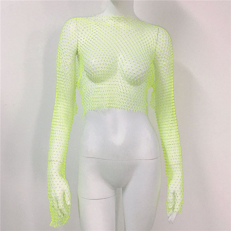 Fishnet T-Shirt Mesh Strass Langarm Top Sexy Strass Fishnet Kleidung Damen