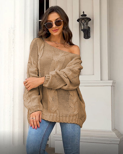 Women Autumn Winter Loose Sweater Round Neck Solid Color Pullover Sweater Women