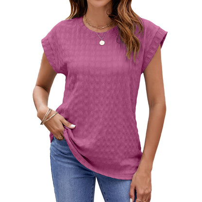 Frühling Sommer Einfarbig Jacquard Locker Sitzende rundhals Kurzarm T-shirt Top Frauen