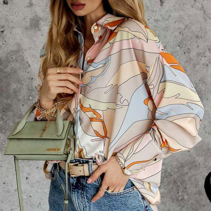 Camisa Suelta Primavera Otoño Estampado Cárdigan De Un Solo Pecho Camisa De Manga Larga con Linterna para Mujer