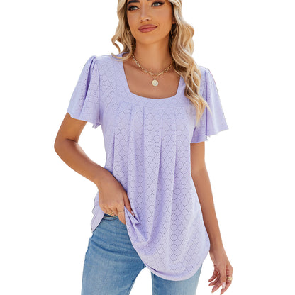 Camiseta holgada de manga corta plisada con cuello cuadrado de Color liso para primavera y verano para mujer