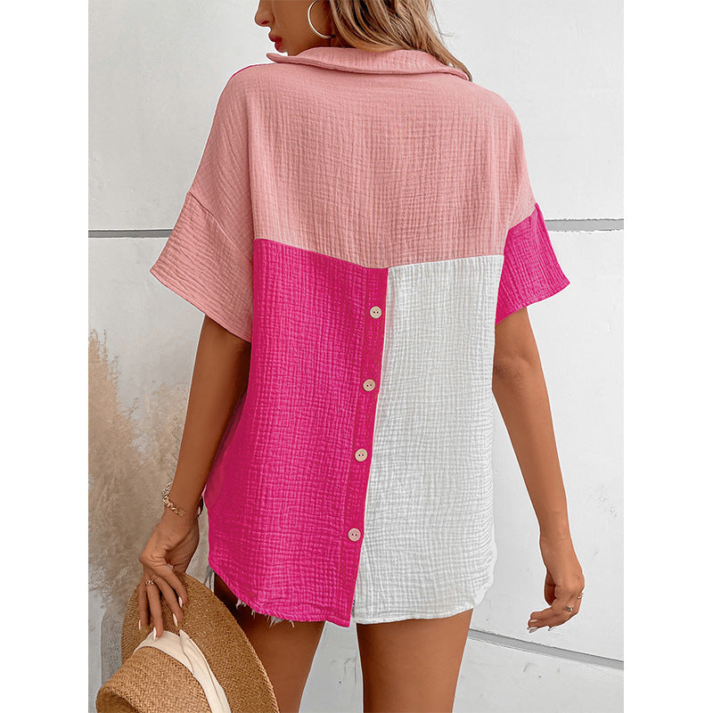 Women Clothing Summer Color Contrast Patchwork Drop Shoulder Short Sleeve Shirt Women