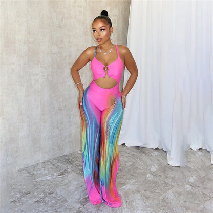 Women Summer Sexy Tight Backless Contrast Color Low Cut Sling High Waist Jumpsuit