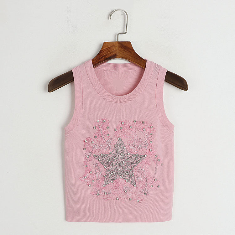 Round Neck Knitted Vest Early Summer Retro Five Pointed Star Rhinestone Embroidered Slim Outer Wear Women Top