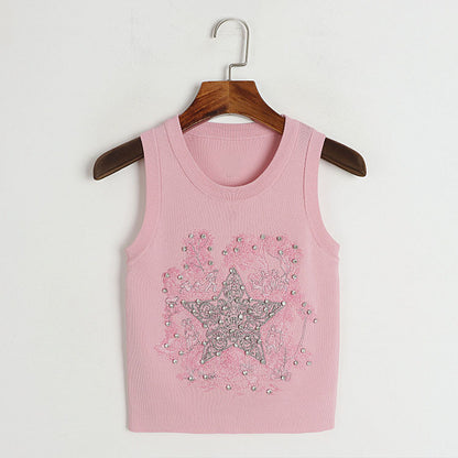 Round Neck Knitted Vest Early Summer Retro Five Pointed Star Rhinestone Embroidered Slim Outer Wear Women Top