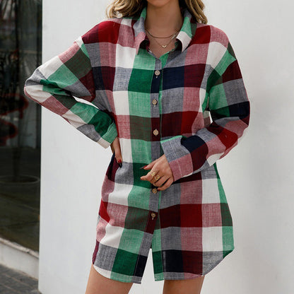 Loose Casual Color Plaid Mid-Length Shirt Single-Breasted Long Sleeve Plaid Top for Women